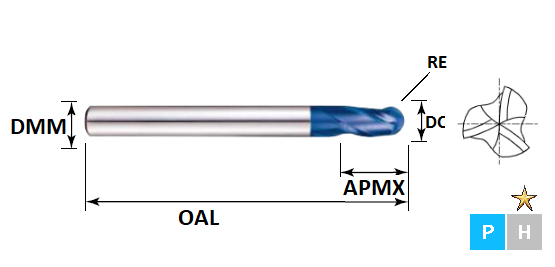 5.0mm 3 Flute Ball Nose Centre Match Pulsar Blue Carbide Slot Drill